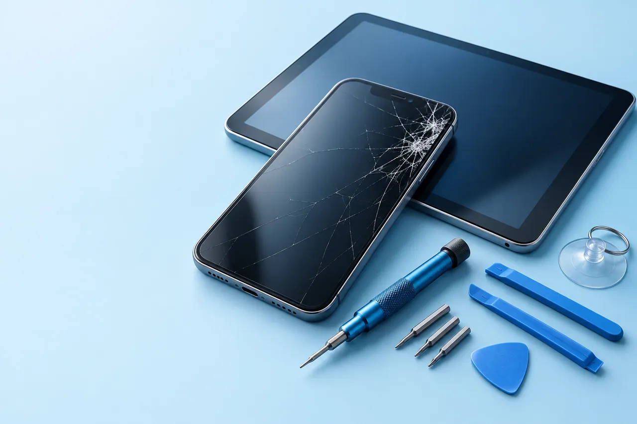Illustration: Smartphone mit beschädigtem Display, Tablet und Reparaturwerkzeug