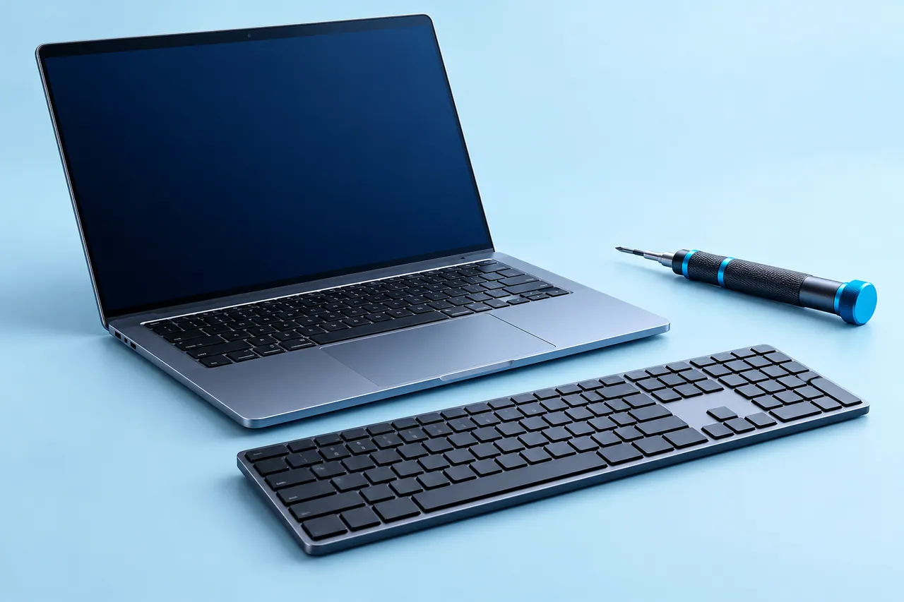 Illustration: Laptop, Tastatur und Präzisionswerkzeug